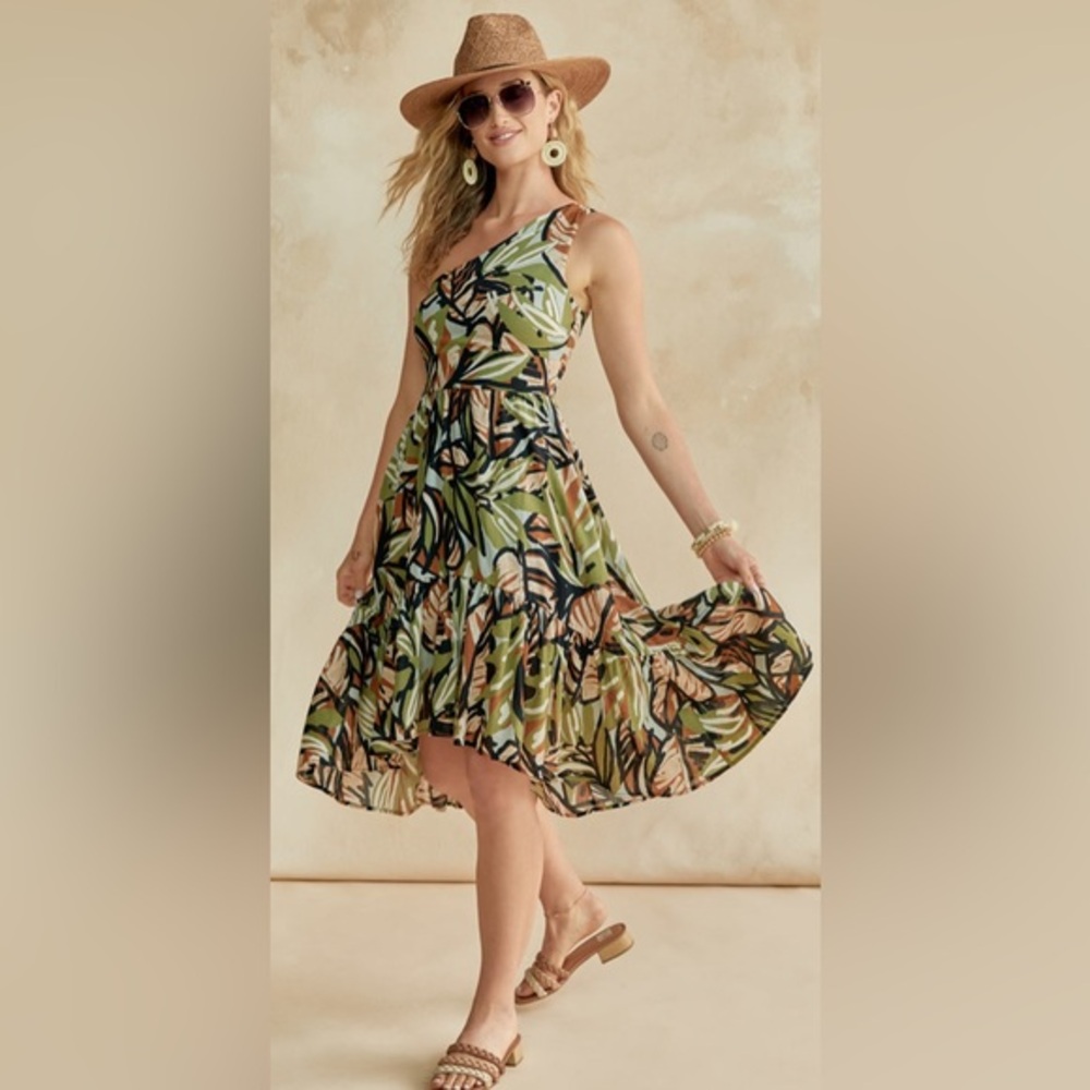 Aubrey Parks for Francesca’s Dalora One Shoulder Palm Print Midi Dress - S